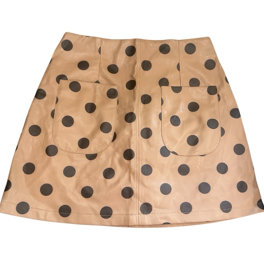 Zara Vegan Leather Bold Polka Dot Khaki & Black Flat Front Pocket Mini Skirt S